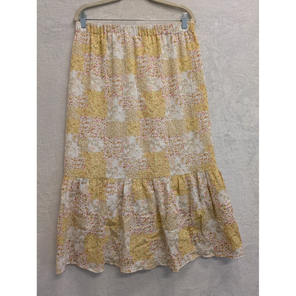 Floral Maxi Skirt Pastel Yellow White Elastic Waist Flowy Lined Summer Spring L - Picture 1 of 7